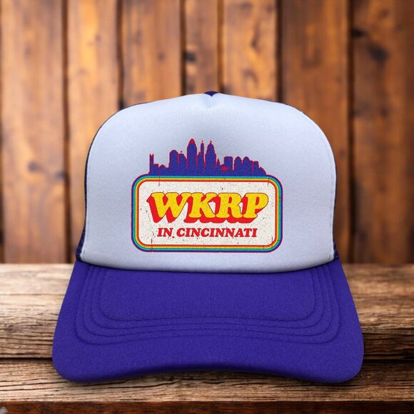 WKRP In Cincinnati Unisex Trucker Hat Purple Snapback 70s Sitcom Baseball Cap - Picture 1 of 4